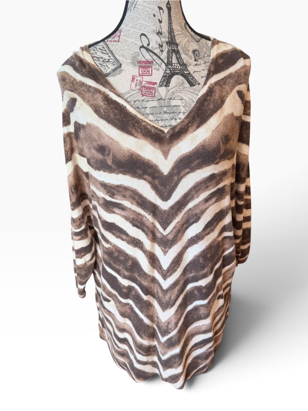 Chico’s Brown & Ivory Zebra Print V Neck Tunic Sweater XL